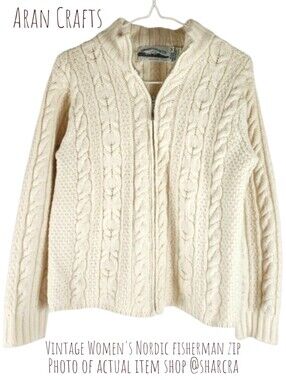 Vintage Aran Crafts Women's  Nordic fisherman knit zip Carnigan Cream Sweater M